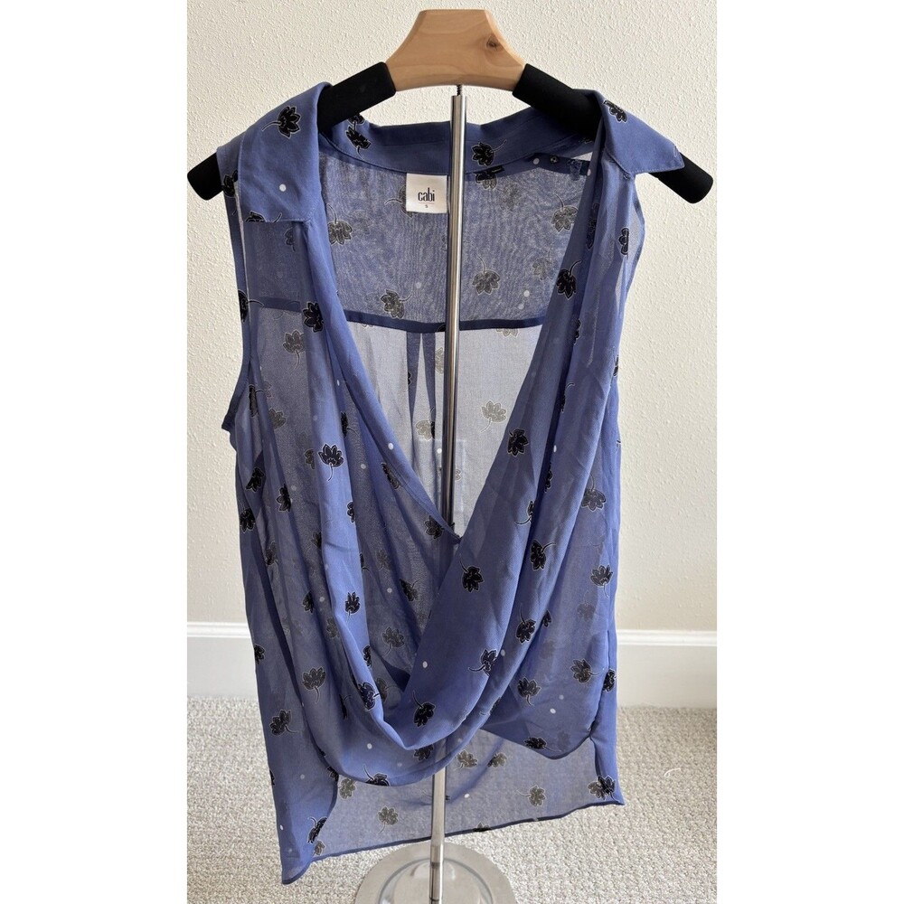 Cabi 5534 Crossover Blouse - Violet Blue‎ Floral Sheer Top - Size S - READ